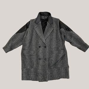 Vintage Lady Suzette Leather Trim Wool Tweed Coat | Made in USA, 90s Oversized